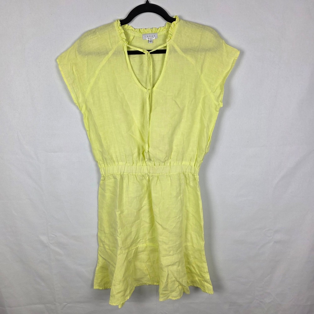 Sedge Womens 100% Linen Ruffle Neck Tie Waist Mini Dress Lime Yellow Size M